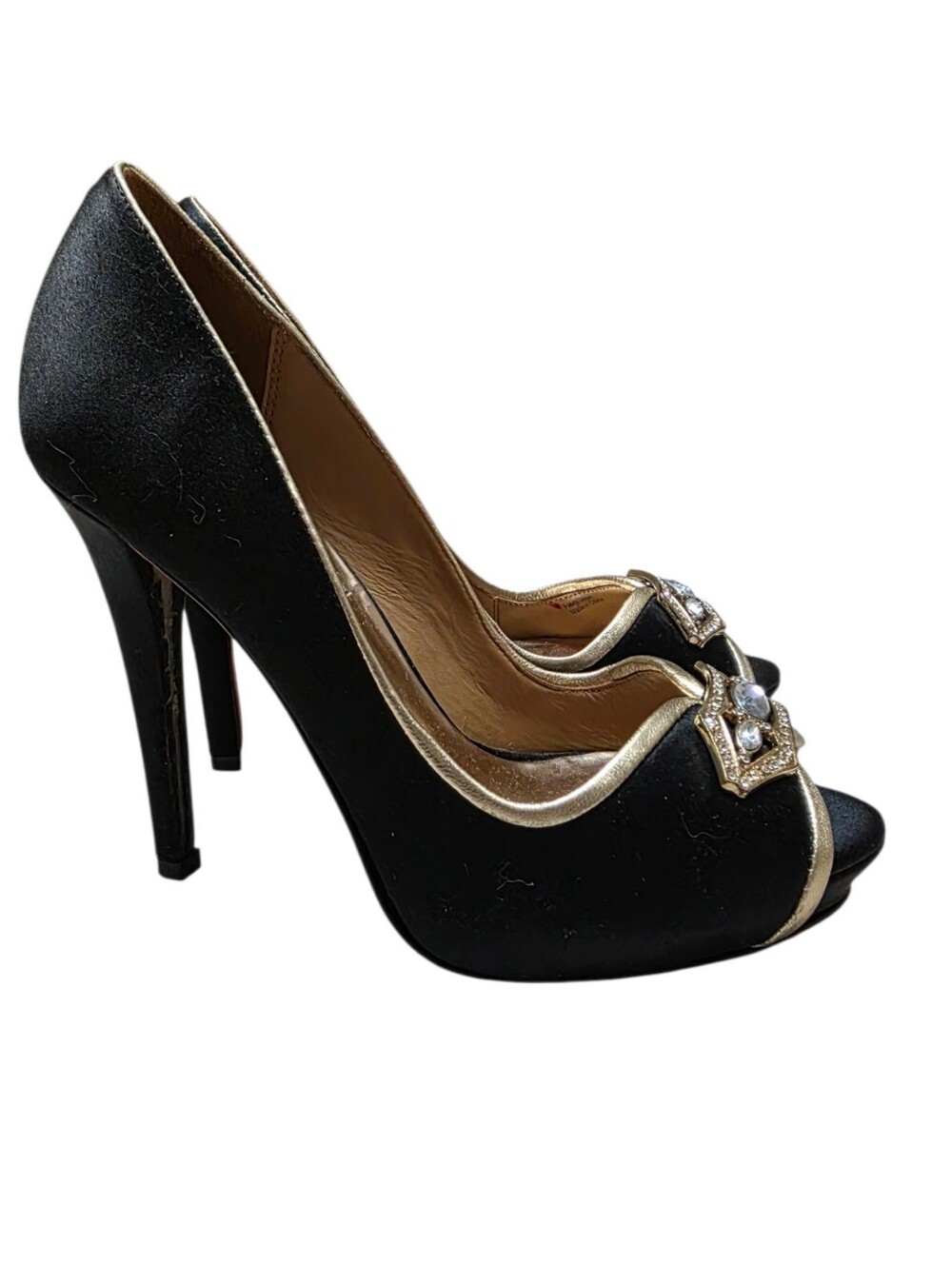 Badgley Mishka Black Open Toe Rhinestone Embellished Heels